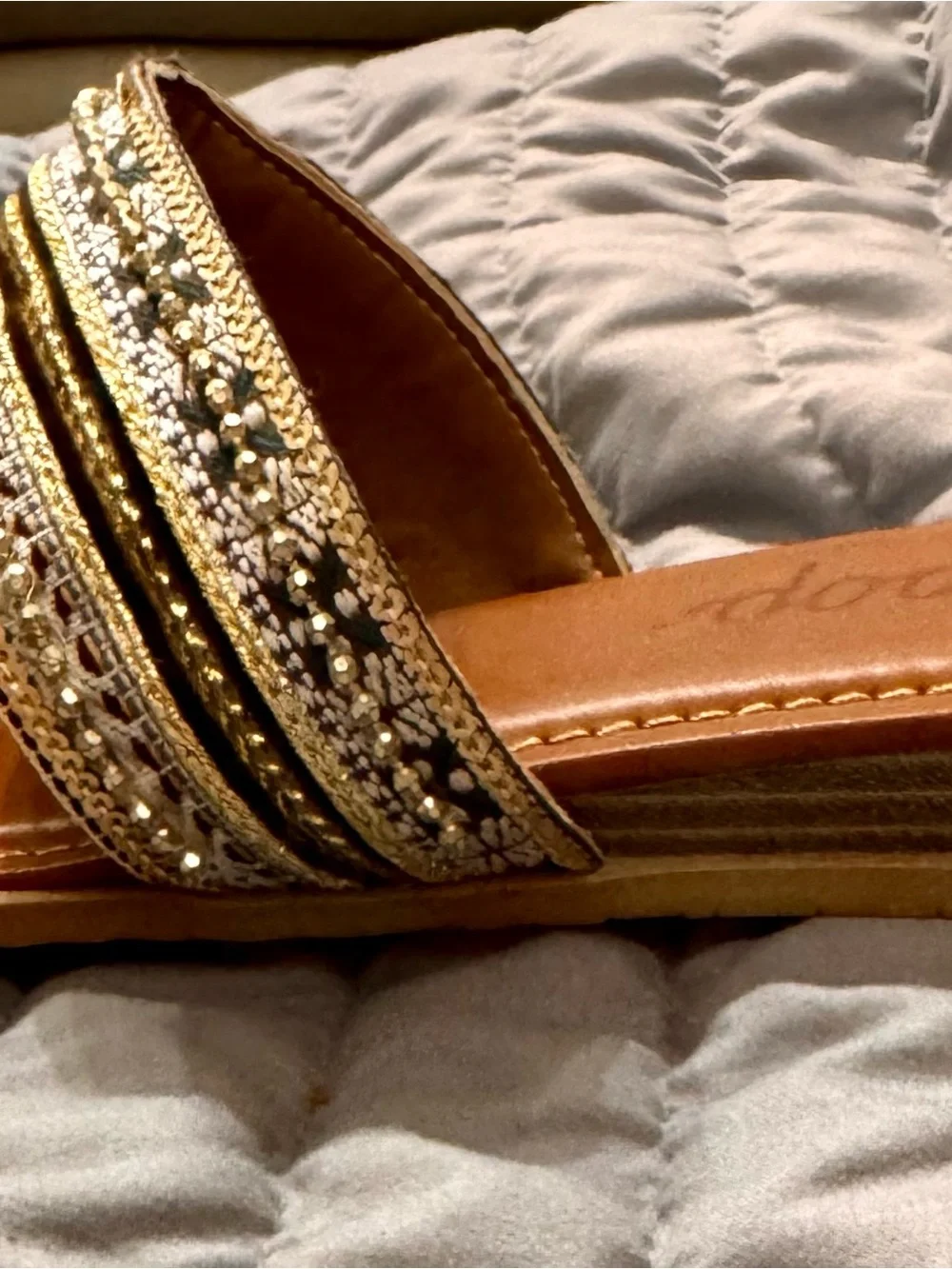 Jellypop Metallic Gold Beaded Double-Strap Slide Sandals